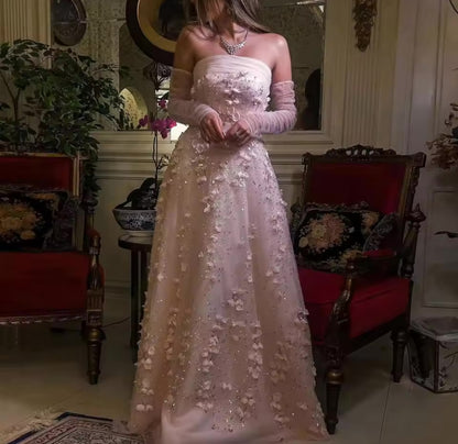 Pink 3D Flowers Strapless Gown with Gloves luxury evening dress by Riviera Couture