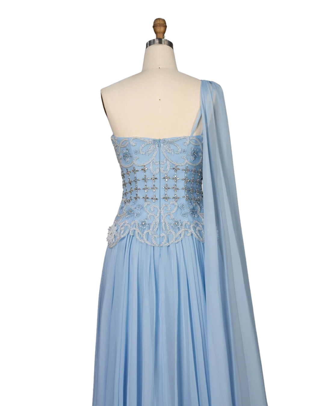 RC172 — The Karima | One Shoulder A-Line Evening Gown with Cape — 3D Flowers Crystal Beaded