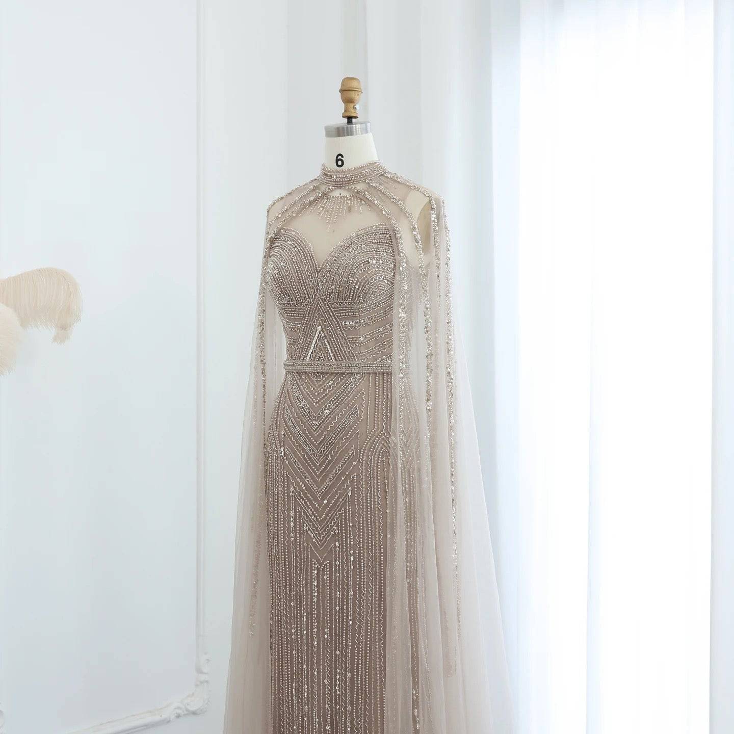 Beaded Gown with Cape and High Neck - RC14 - Riviera Couture