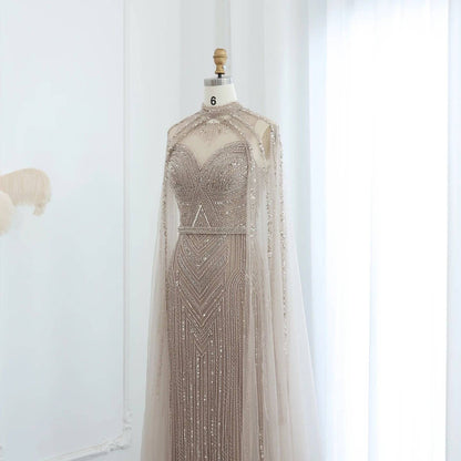 Beaded Gown with Cape and High Neck - RC14 - Riviera Couture
