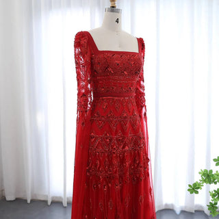 Red Cape Sleeve Square Neck Gown - Riviera Couture