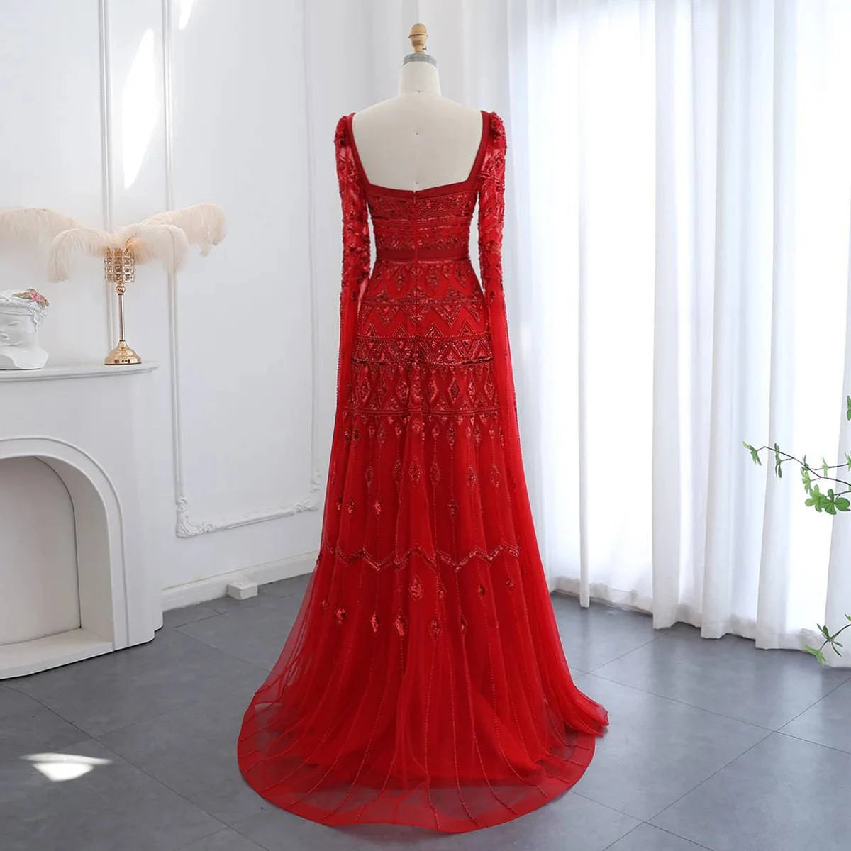 Red Cape Sleeve Square Neck Gown - Riviera Couture