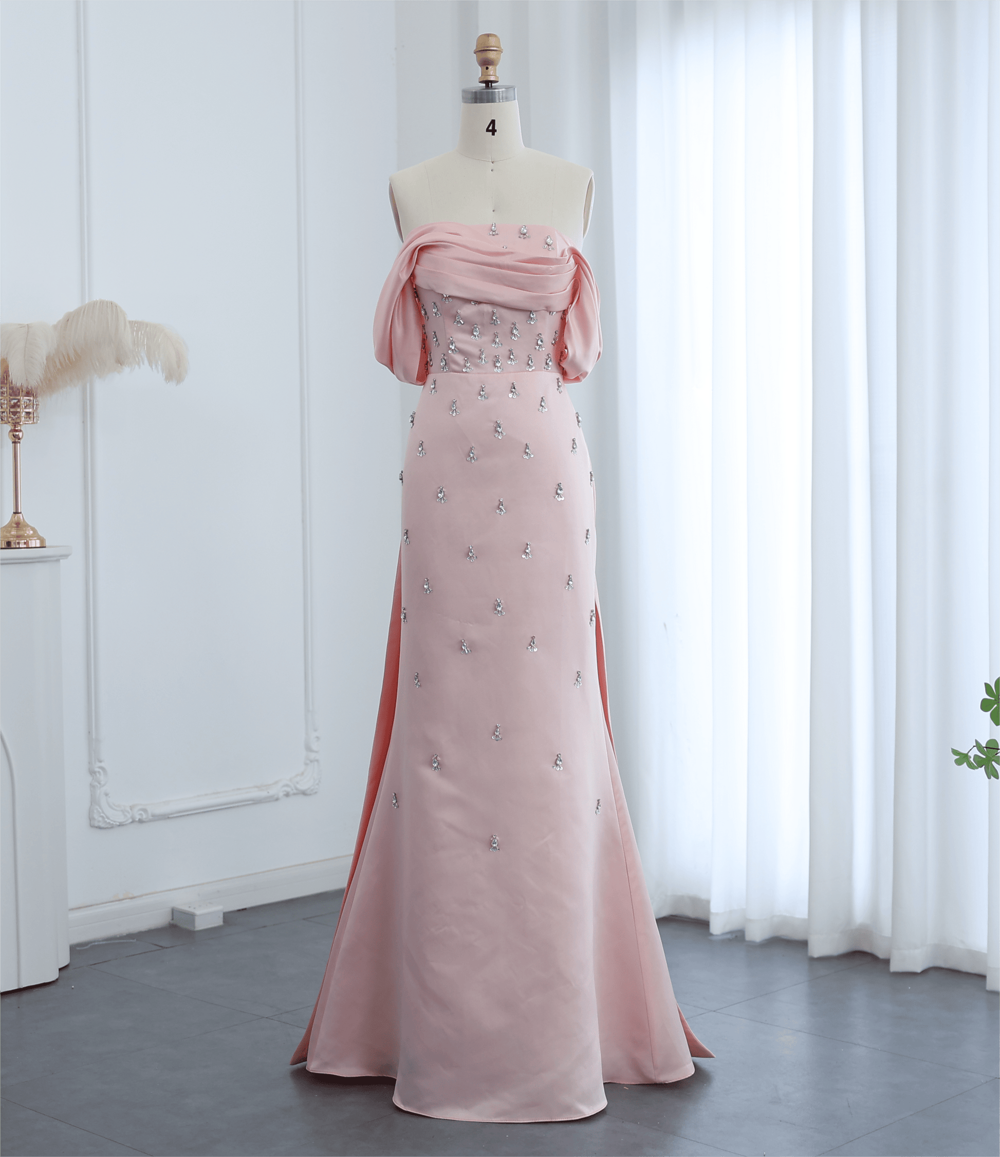 Satin Off Shoulder Gown with Crystals - Riviera Couture