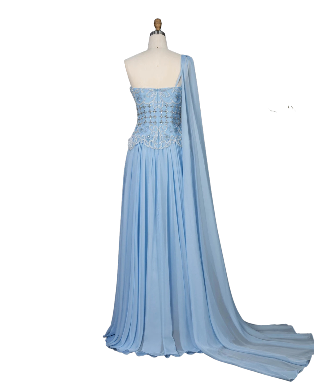 RC172 — The Karima | One Shoulder A-Line Evening Gown with Cape — 3D Flowers Crystal Beaded