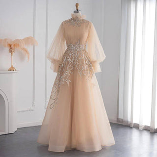 High Neck Puff Sleeve Gown - Riviera Couture