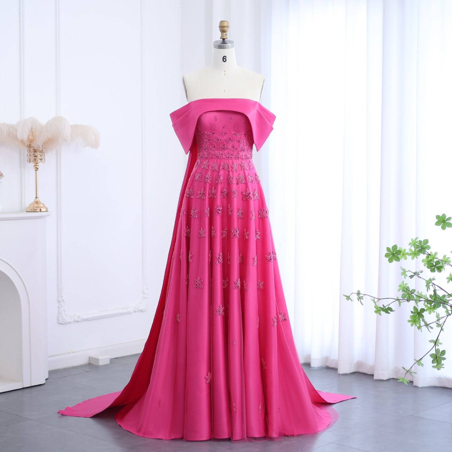 Pink Satin Evening Dress with Cape - Riviera Couture