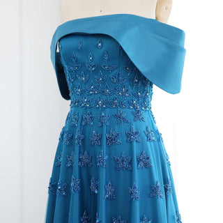 Blue Satin Evening Dress with Cape - RC22 - Riviera Couture