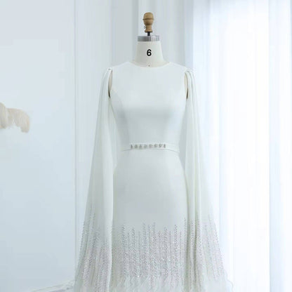 Mermaid Nude Evening Dress with Cape Sleeves Tiered Ruffles - Riviera Couture