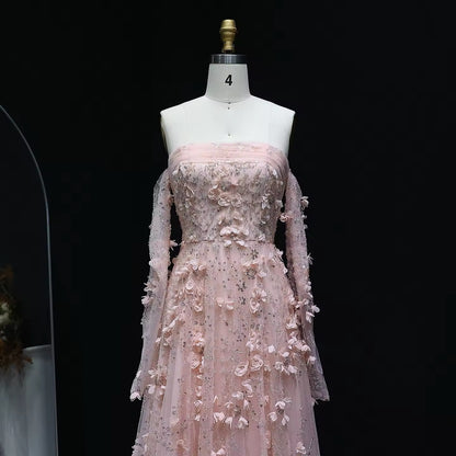 Pink 3D Flowers Strapless Gown with Gloves luxury evening dress by Riviera Couture
