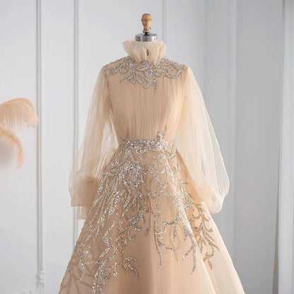 High Neck Puff Sleeve Gown - Riviera Couture