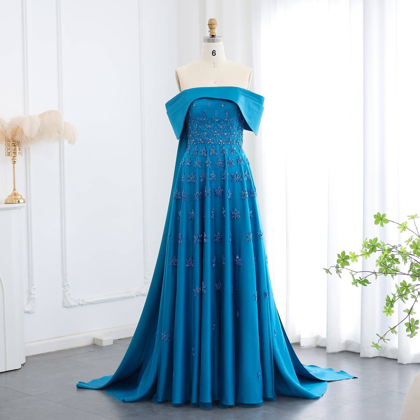 Blue Satin Evening Dress with Cape - RC22 - Riviera Couture