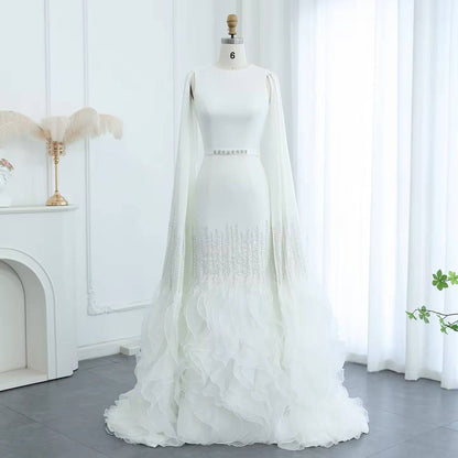 Mermaid Nude Evening Dress with Cape Sleeves Tiered Ruffles - Riviera Couture