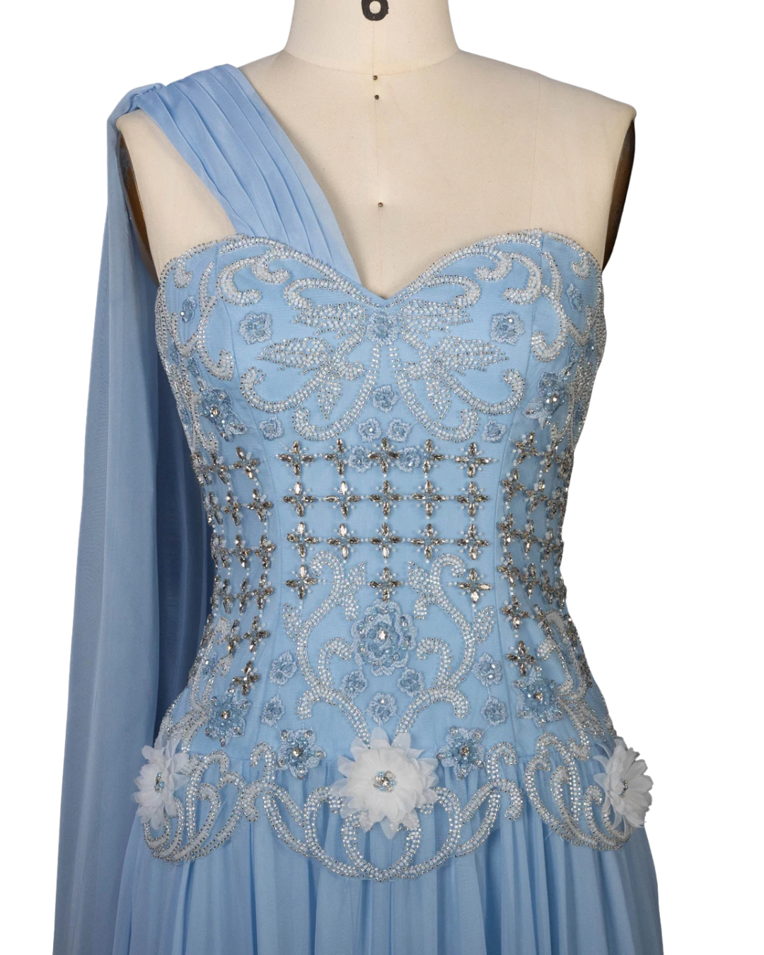 RC172 — The Karima | One Shoulder A-Line Evening Gown with Cape — 3D Flowers Crystal Beaded