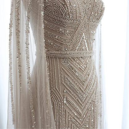 Beaded Gown with Cape and High Neck - RC14 - Riviera Couture