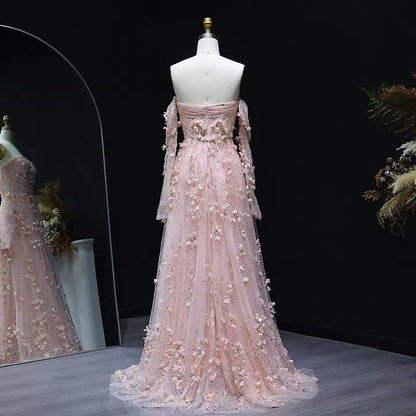 Pink 3D Flowers Strapless Gown with Gloves luxury evening dress by Riviera Couture