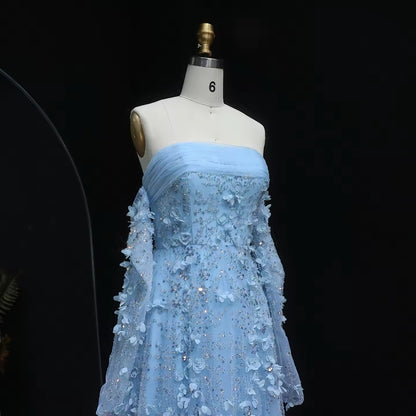Light Blue 3D Flowers Strapless Gown with Gloves luxury evening dress by Riviera Couture