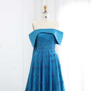 Blue Satin Evening Dress with Cape - RC22 - Riviera Couture