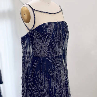 Navy Blue Beaded Gown - Riviera Couture