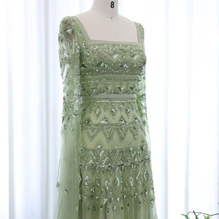 Sage Green Cape Sleeve Square Neck Gown - Riviera Couture