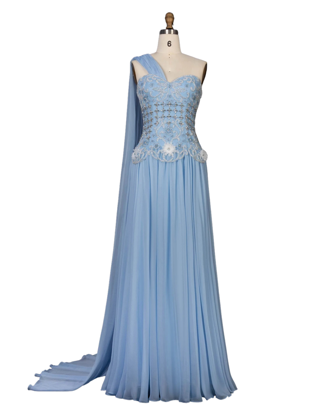 RC172 — The Karima | One Shoulder A-Line Evening Gown with Cape — 3D Flowers Crystal Beaded