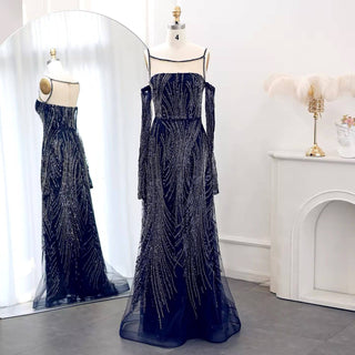 Navy Blue Beaded Gown - Riviera Couture