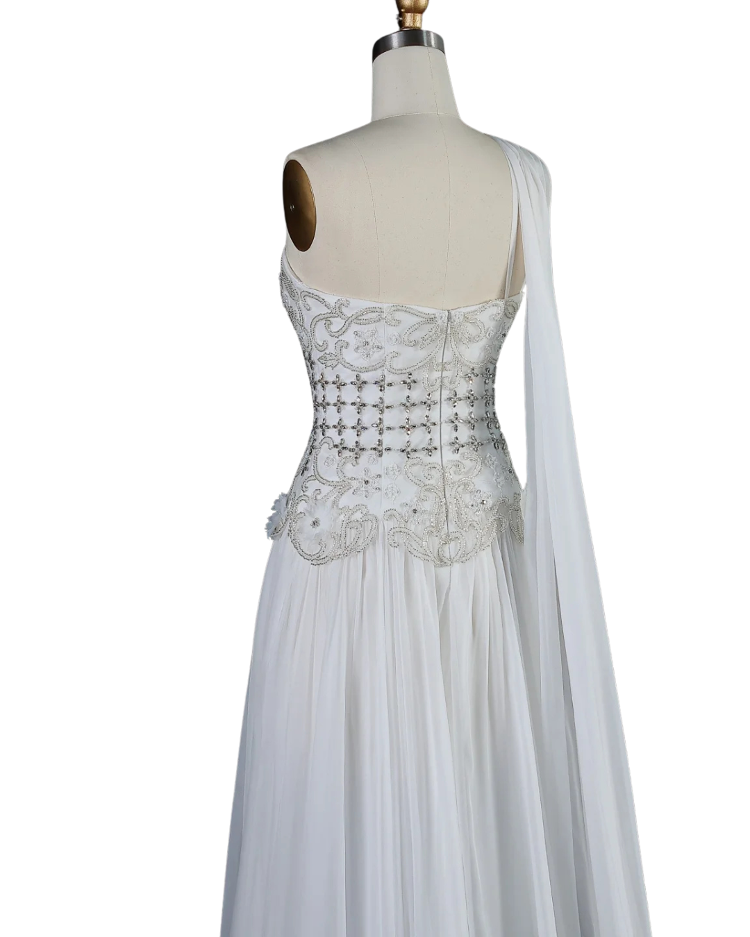 RC172 — The Karima | One Shoulder A-Line Evening Gown with Cape — 3D Flowers Crystal Beaded