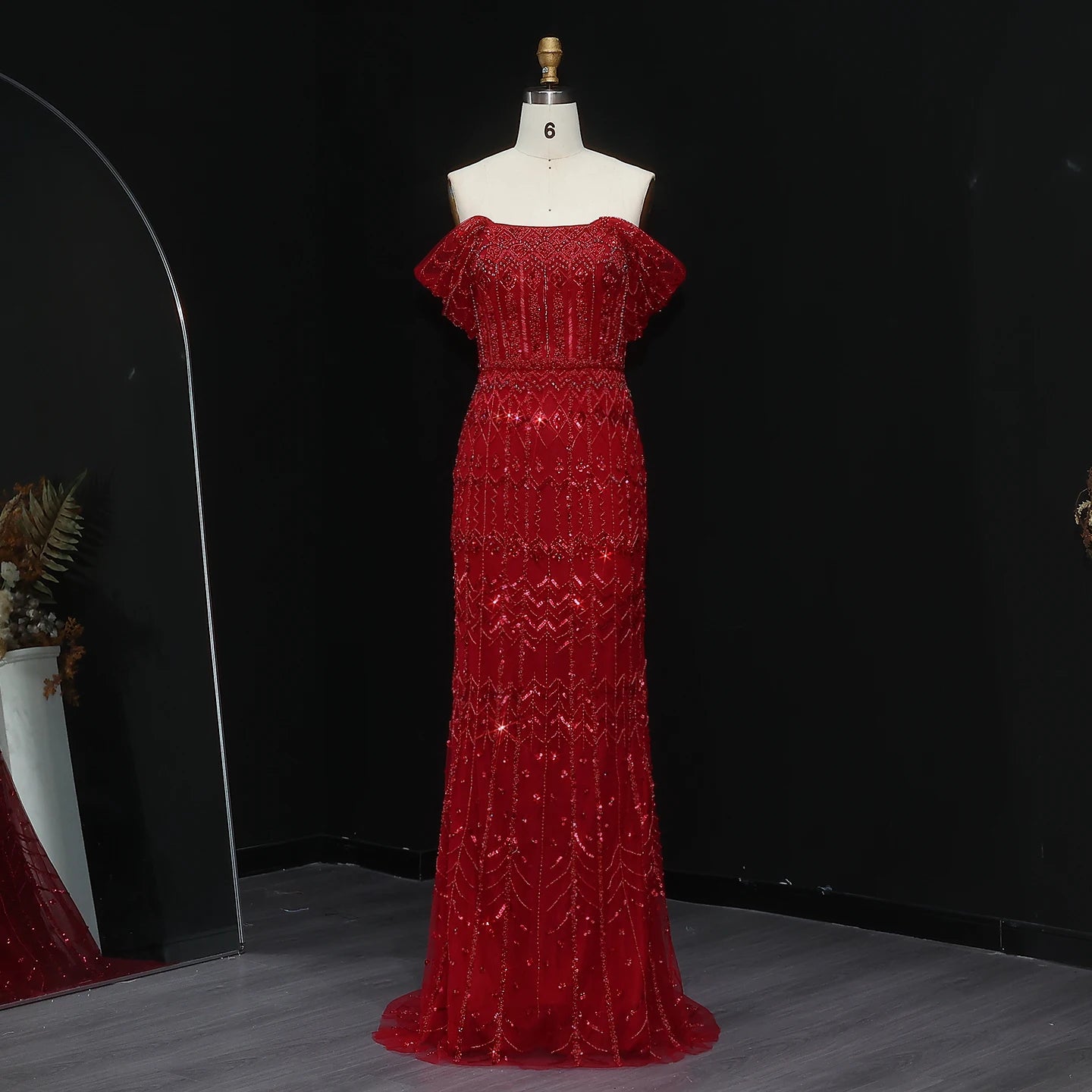 Burgundy Burgundy Mermaid Evening Gown with Cap Sleeve — Dubai Arabic Luxury — Riviera Couture GCC Luxury Evening Gown