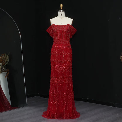 Burgundy Burgundy Mermaid Evening Gown with Cap Sleeve — Dubai Arabic Luxury — Riviera Couture GCC Luxury Evening Gown