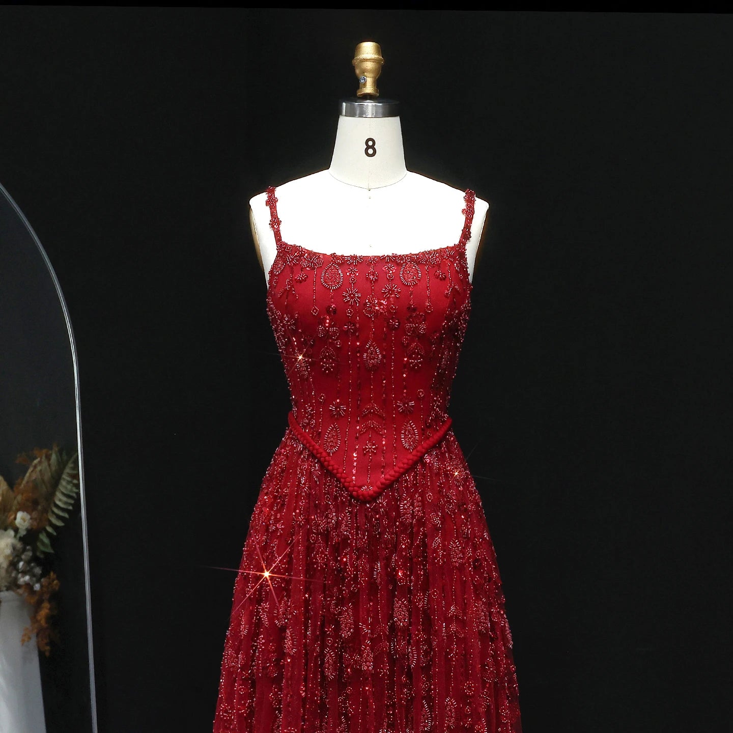 Burgundy Sage Green Spaghetti Strap Evening Gown — Arabic Luxury 2026 — Riviera Couture GCC Luxury Evening Gown