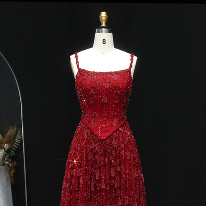 Burgundy Sage Green Spaghetti Strap Evening Gown — Arabic Luxury 2026 — Riviera Couture GCC Luxury Evening Gown