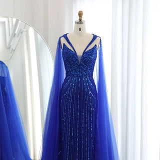 Royal Blue Mermaid Evening Dress with Cape - Riviera Couture