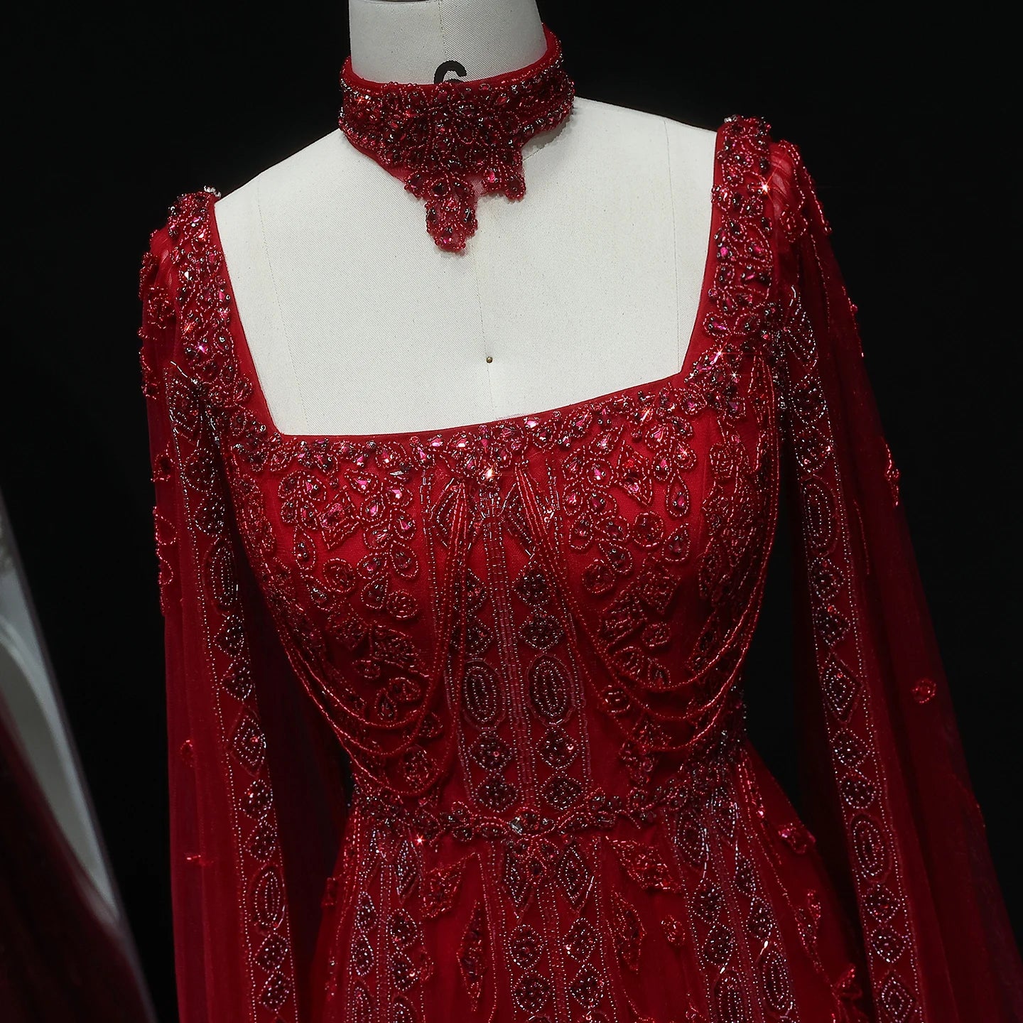 Burgundy Nude Arabic Evening Gown with Cape Sleeves and Wine Red Choker — Riviera Couture GCC Luxury Evening Gown