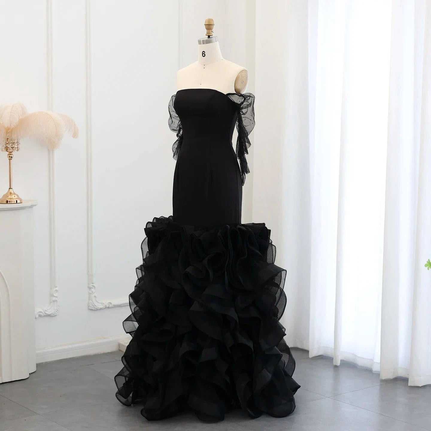 Custom Made Off Shoulder Black Evening Dress - Riviera Couture