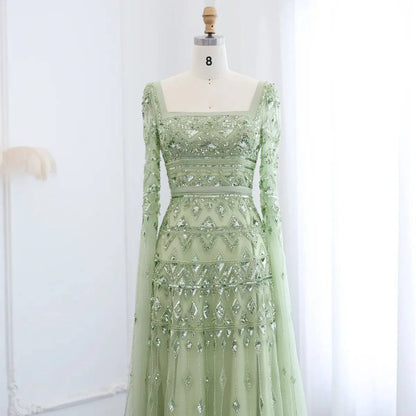 Sage Green Cape Sleeve Square Neck Gown - Riviera Couture