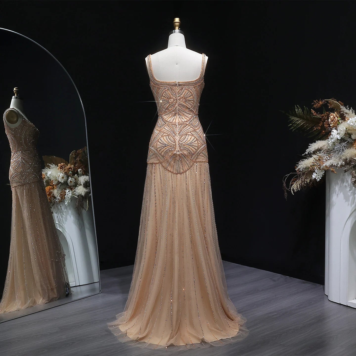 Champagne Champagne Mermaid Evening Gown — Luxury Beaded Saudi Wedding Formal — Riviera Couture GCC Luxury Evening Gown