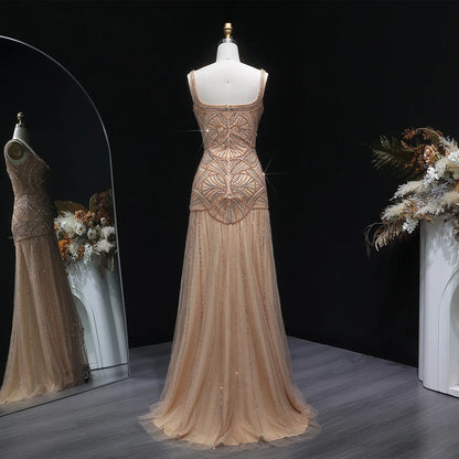 Champagne Champagne Mermaid Evening Gown — Luxury Beaded Saudi Wedding Formal — Riviera Couture GCC Luxury Evening Gown