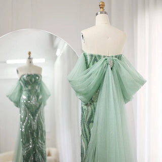 Strapless Sage Green Evening Dress with Cape Sleeves - Riviera Couture