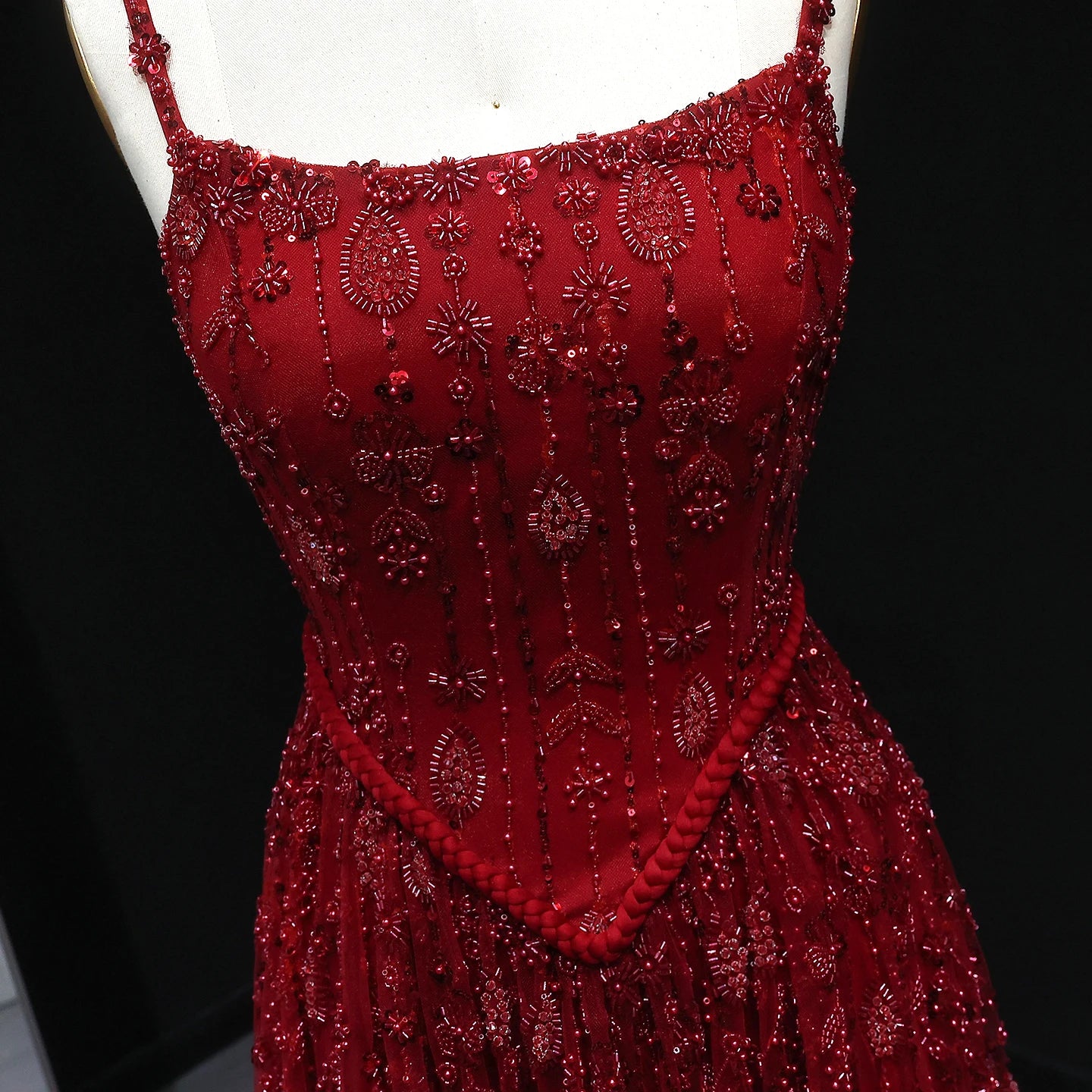 Burgundy Sage Green Spaghetti Strap Evening Gown — Arabic Luxury 2026 — Riviera Couture GCC Luxury Evening Gown