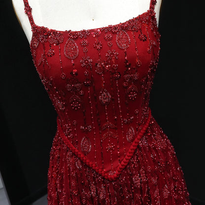 Burgundy Sage Green Spaghetti Strap Evening Gown — Arabic Luxury 2026 — Riviera Couture GCC Luxury Evening Gown