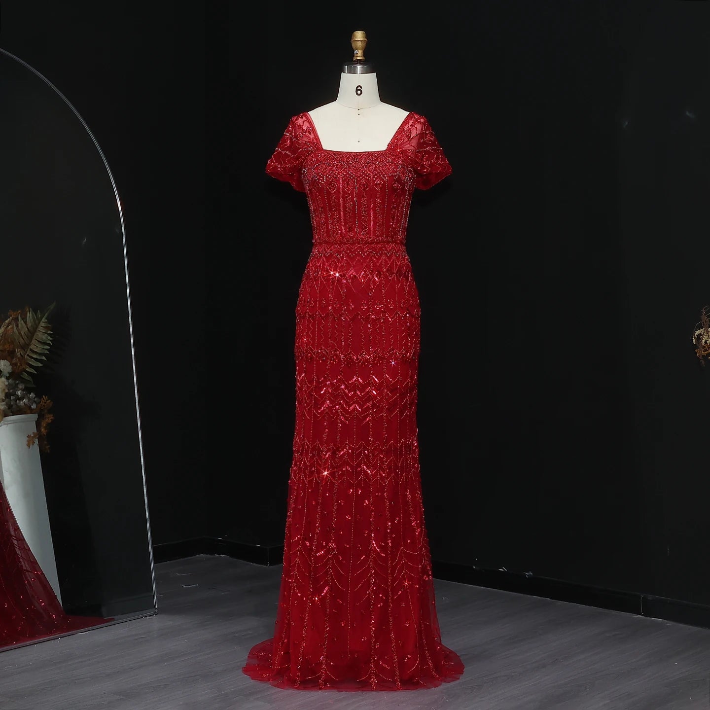 White Long Sleeves Burgundy Mermaid Evening Gown with Cap Sleeve — Dubai Arabic Luxury — Riviera Couture GCC Luxury Evening G