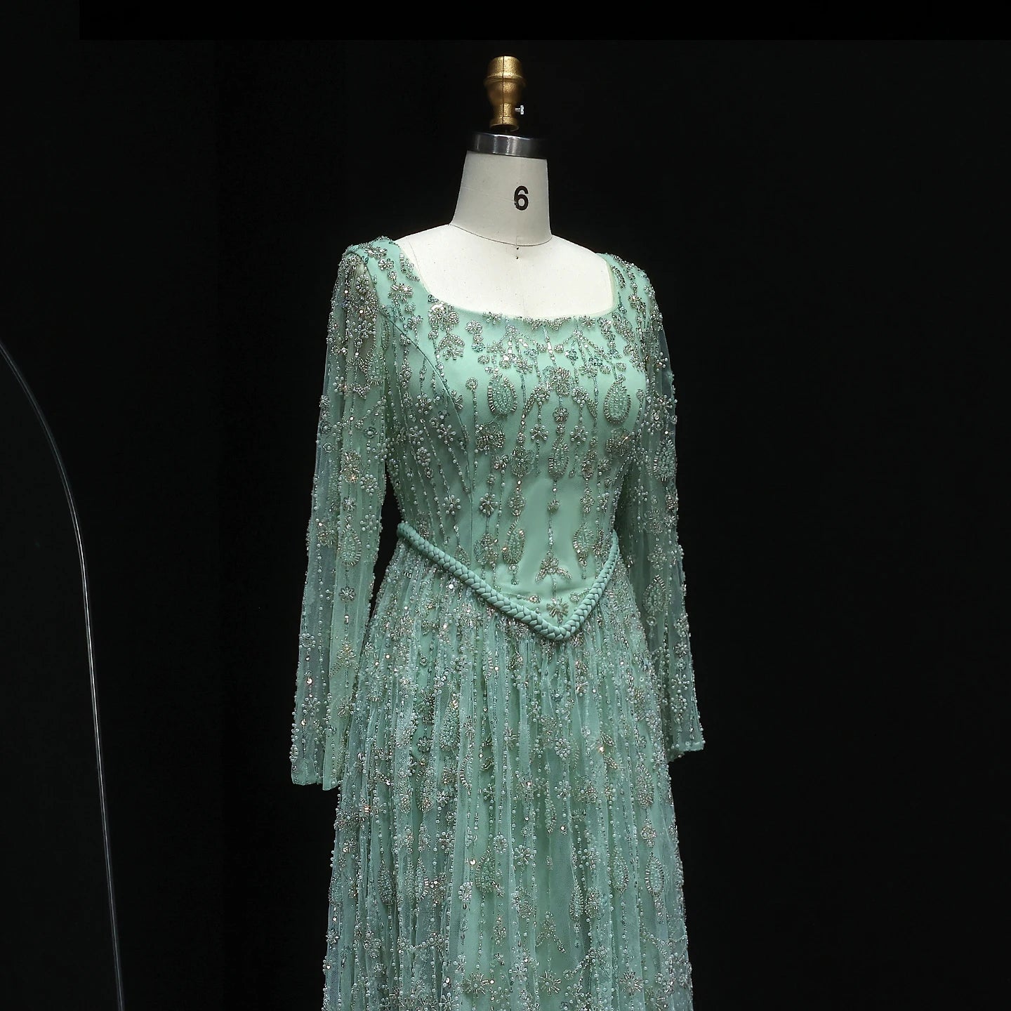 Green Long Sleeves Sage Green Spaghetti Strap Evening Gown — Arabic Luxury 2026 — Riviera Couture GCC Luxury Evening Gown