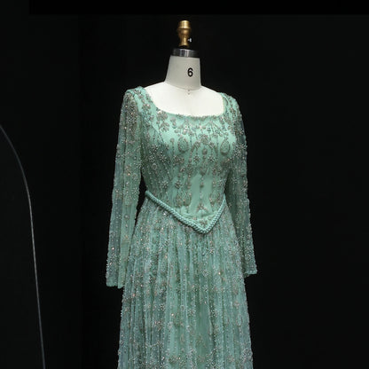 Green Long Sleeves Sage Green Spaghetti Strap Evening Gown — Arabic Luxury 2026 — Riviera Couture GCC Luxury Evening Gown