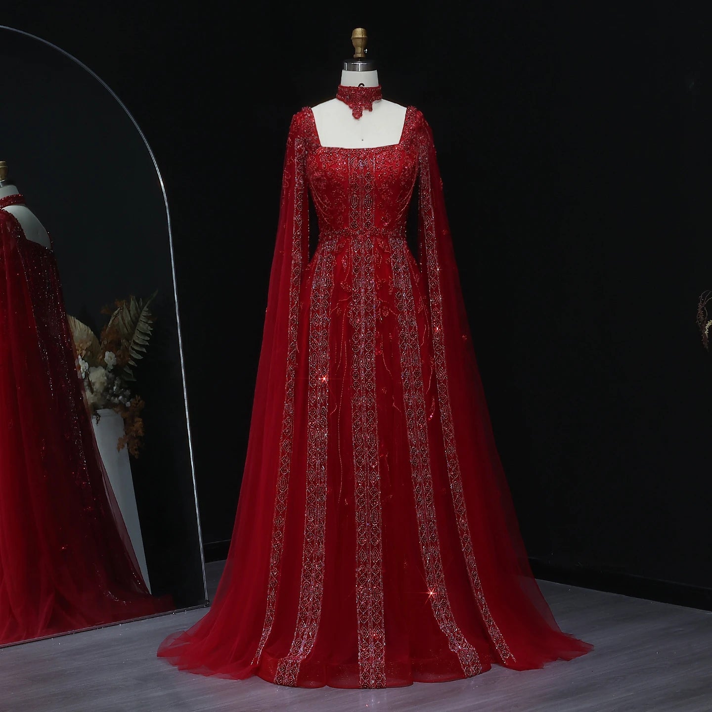 Blue Nude Arabic Evening Gown with Cape Sleeves and Wine Red Choker — Riviera Couture GCC Luxury Evening Gown