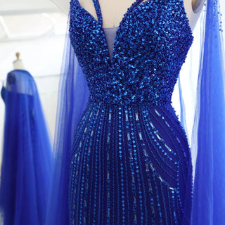 Royal Blue Mermaid Evening Dress with Cape - Riviera Couture