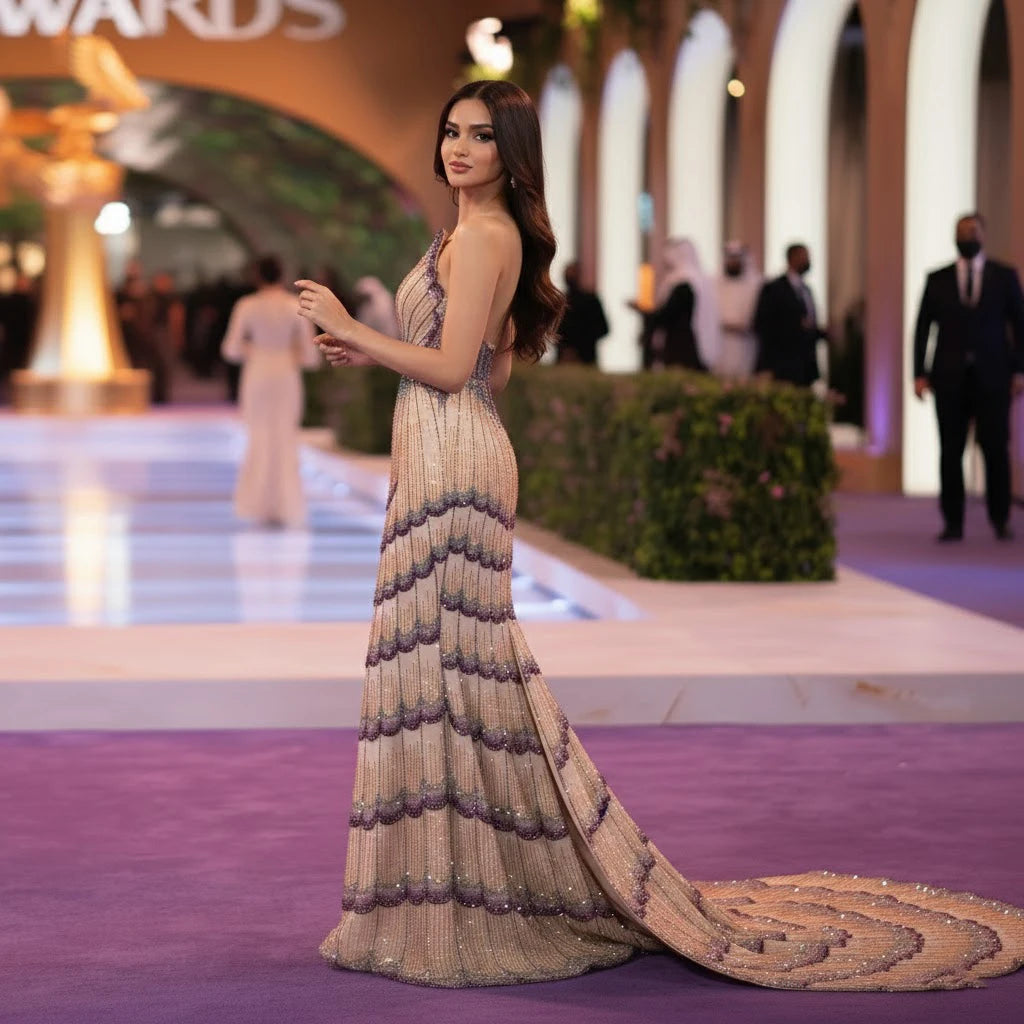 Mixed Purple Shell-Embellished Purple Beaded Evening Gown — Luxury GCC Formal — Riviera Couture GCC Luxury Evening Gown