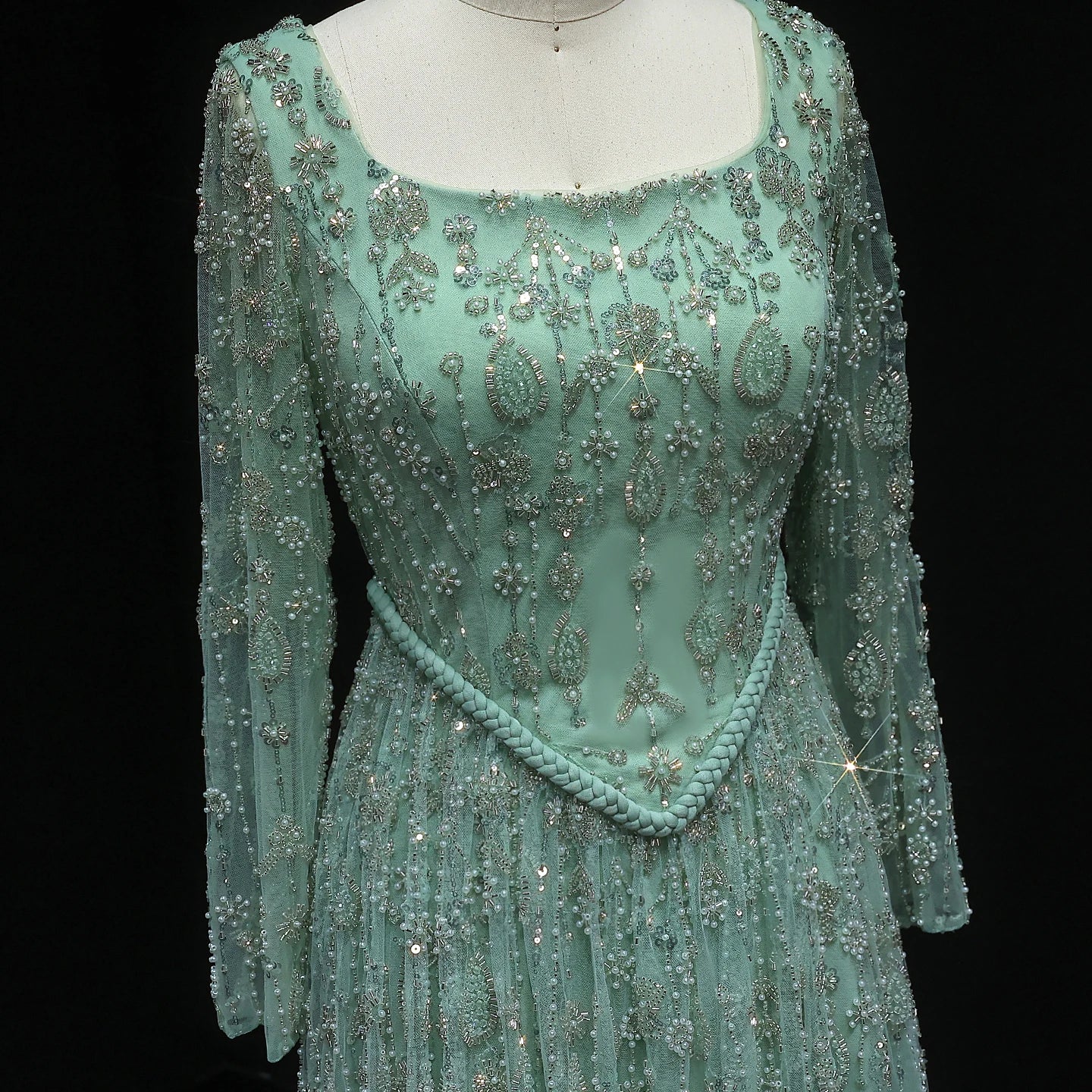 green Sage Green Spaghetti Strap Evening Gown — Arabic Luxury 2026 — Riviera Couture GCC Luxury Evening Gown