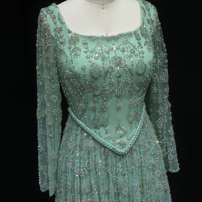green Sage Green Spaghetti Strap Evening Gown — Arabic Luxury 2026 — Riviera Couture GCC Luxury Evening Gown