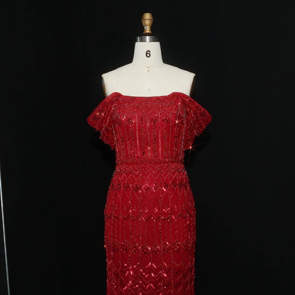 Burgundy Burgundy Mermaid Evening Gown with Cap Sleeve — Dubai Arabic Luxury — Riviera Couture GCC Luxury Evening Gown