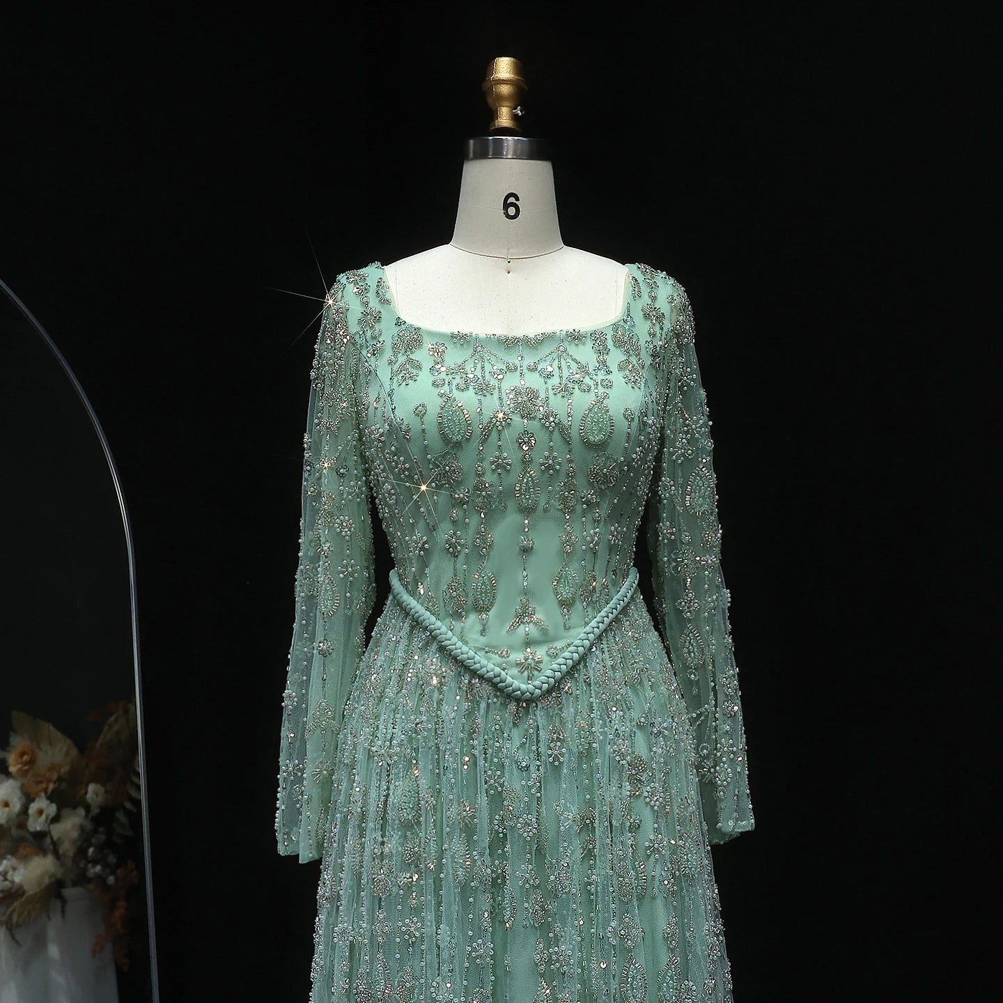 Green Long Sleeves Sage Green Spaghetti Strap Evening Gown — Arabic Luxury 2026 — Riviera Couture GCC Luxury Evening Gown
