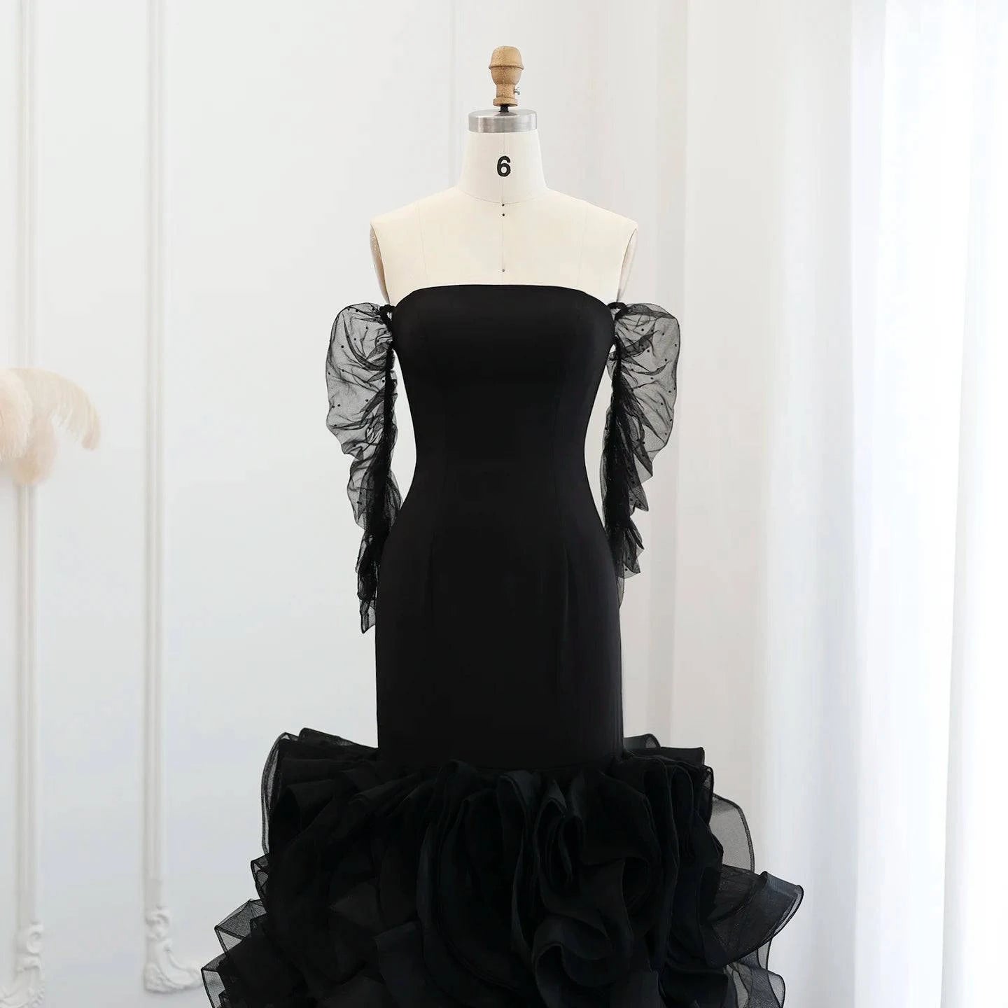 Custom Made Off Shoulder Black Evening Dress - Riviera Couture